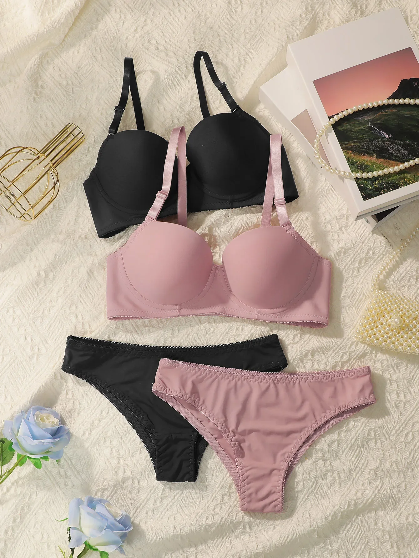 

New 2-piece Solid Color Lingerie Set Women's Steel Collar Push Up Bra Women's Lingerie Underwear Daily Bra Set J2611