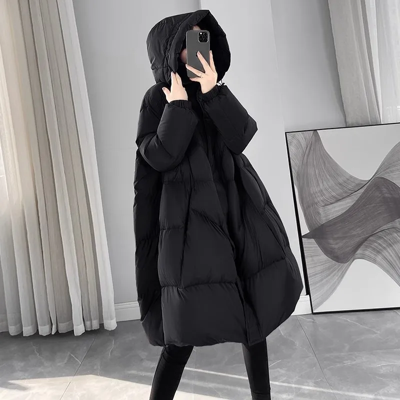 Black Hooded Down Jacket Women Winter 2024 New Korean Version Loose 90White duck down Coat Female Thicken Parkas Casual Overcoat