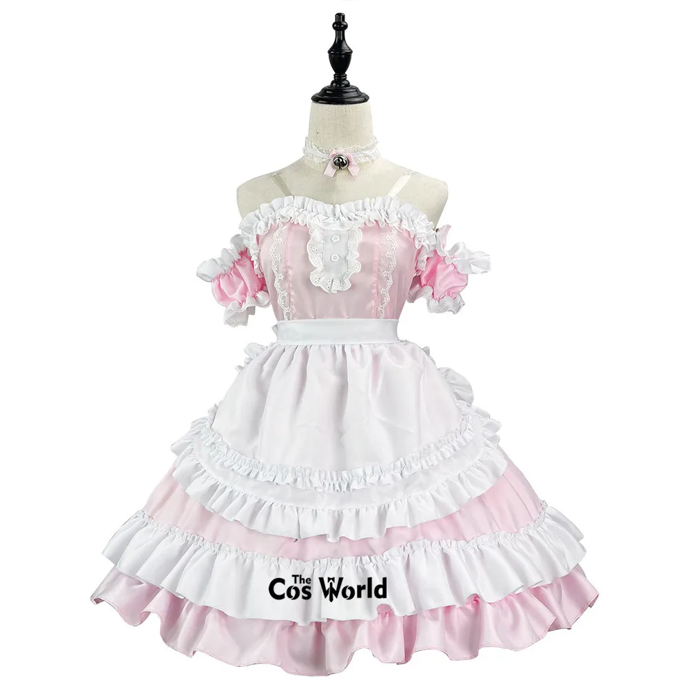 S-5XL Japanese Pink White Sexy Maidservant Maid Restaurant Apron Dress Uniform Outfits Anime Cosplay Costume