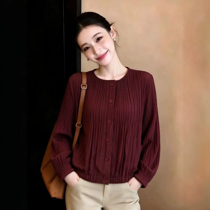 Pleated Jacket Women 2026 Autumn New Round Neck Solid Single Row Multi-Button Textured Pleats Bouncy Long Sleeve Cardigan Coat