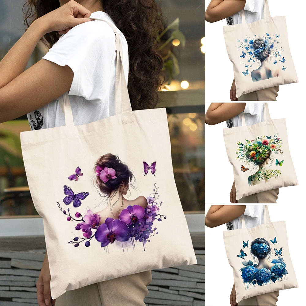 

Fashion Purple Orchid Lady Shopper Bags Large Capacity Floral Women Daily use Shoulder Handbag Green Plant Girl Shopping 40x45cm