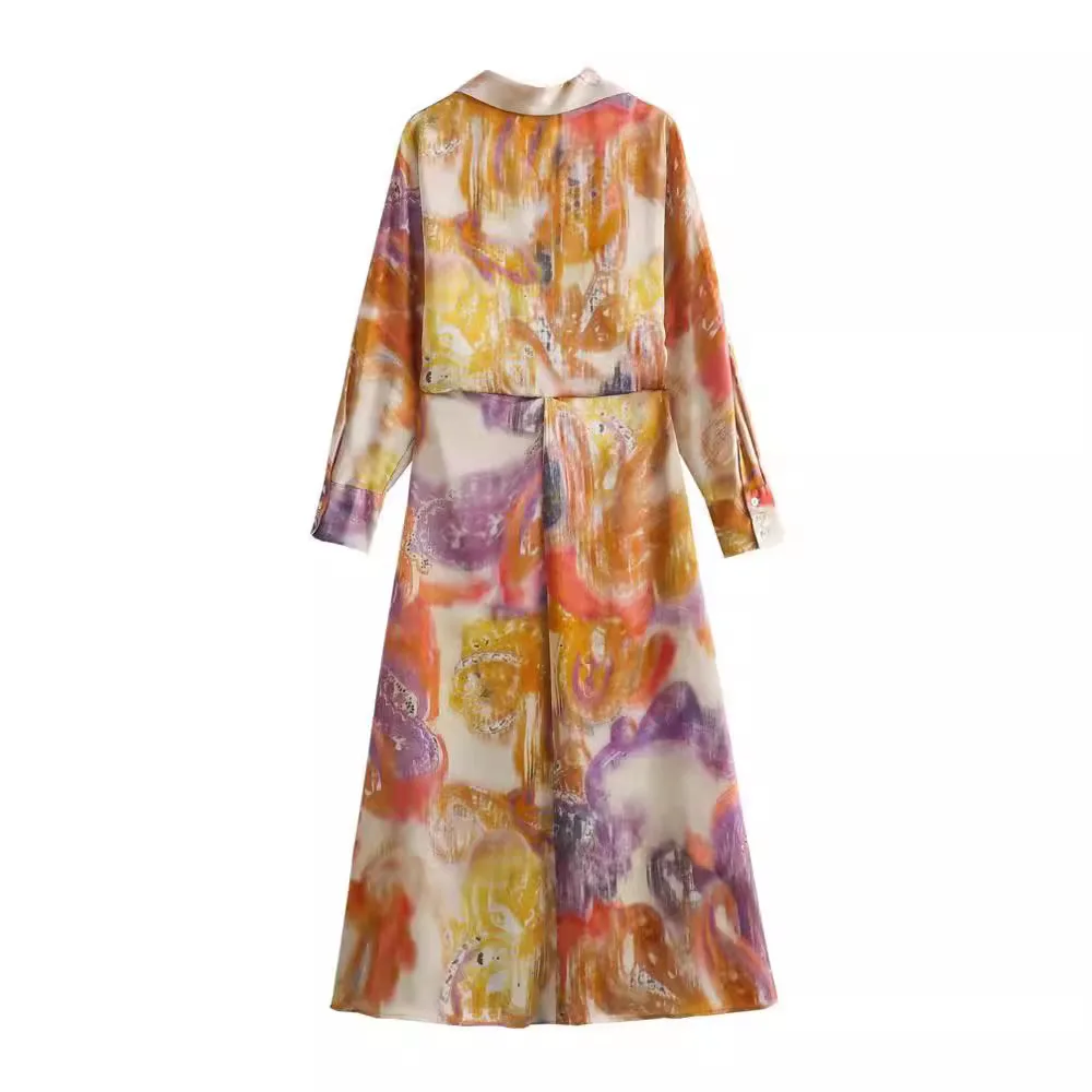 Sommer Blumen druck Satin Langarm Hemd Kleid Frauen A-Linie Knopf drehen Kragen mittellange Kleider lässig Vestidos