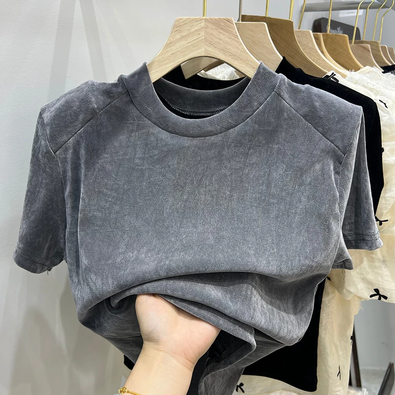 

Summer New Design Velvet oulder Pad T-irt Women's Loose Sle ort Sve Base Top Faionable Korean round Ne Dr