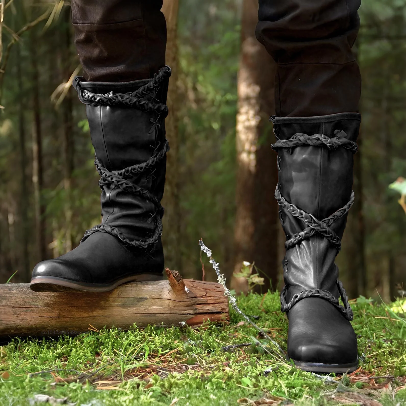 Vintage Medieval Men Pirate High Boots Braided Crisscross Binding Straps Fantasy Warrior Boot Renaissance Stage Show Tall Shoes 3