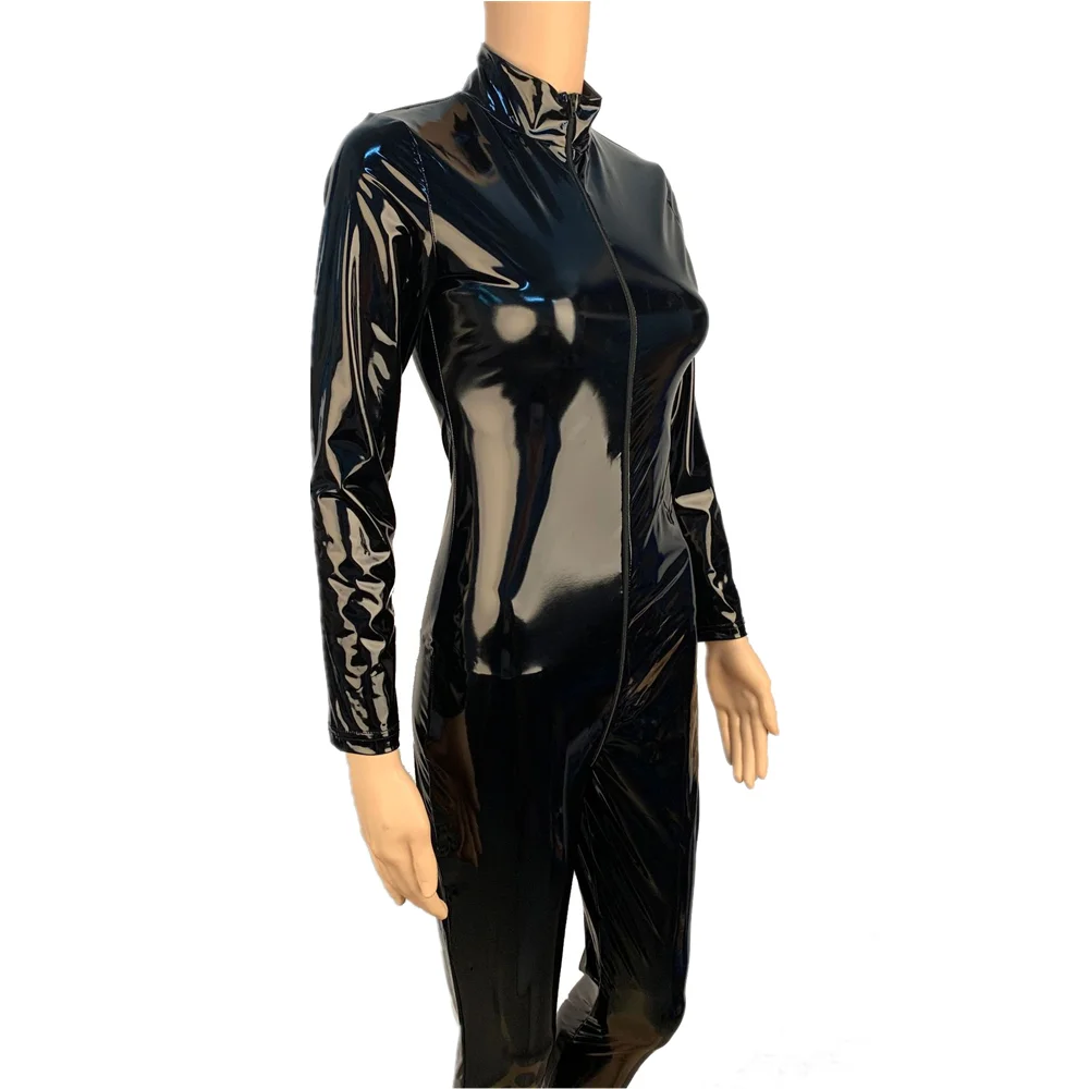 Sexy Lady Red Black Wetlook PVC Faux Leather Jumpsuit Long Sleeve Zipper Shiny PU Patent Leather Bodysuit Clubwear