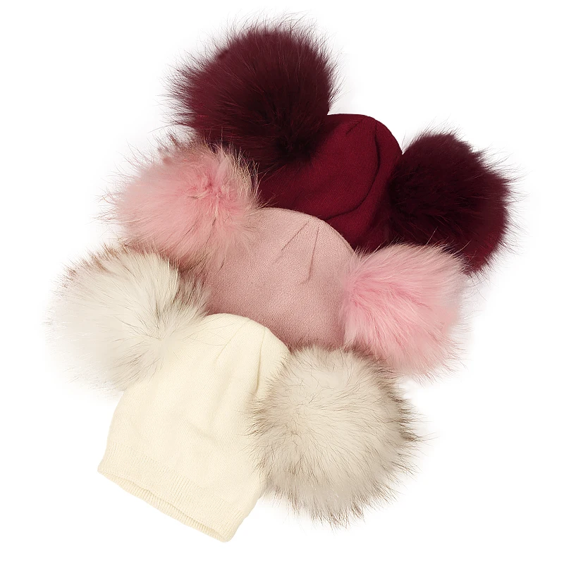 Baby Girls Boys Winter Children Wool Hats With Double Real Fur Pompon Kids Cap Thick Warm Knitted Beanies Outdoor Windproof Hats