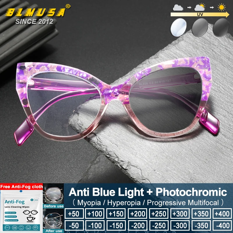 BLMUSA (M) Trendy Cat Eye Frame Photochromic Prescription Optical Glasses Women's Two-Tone Design Anti Blue Ray Reading Eyeware