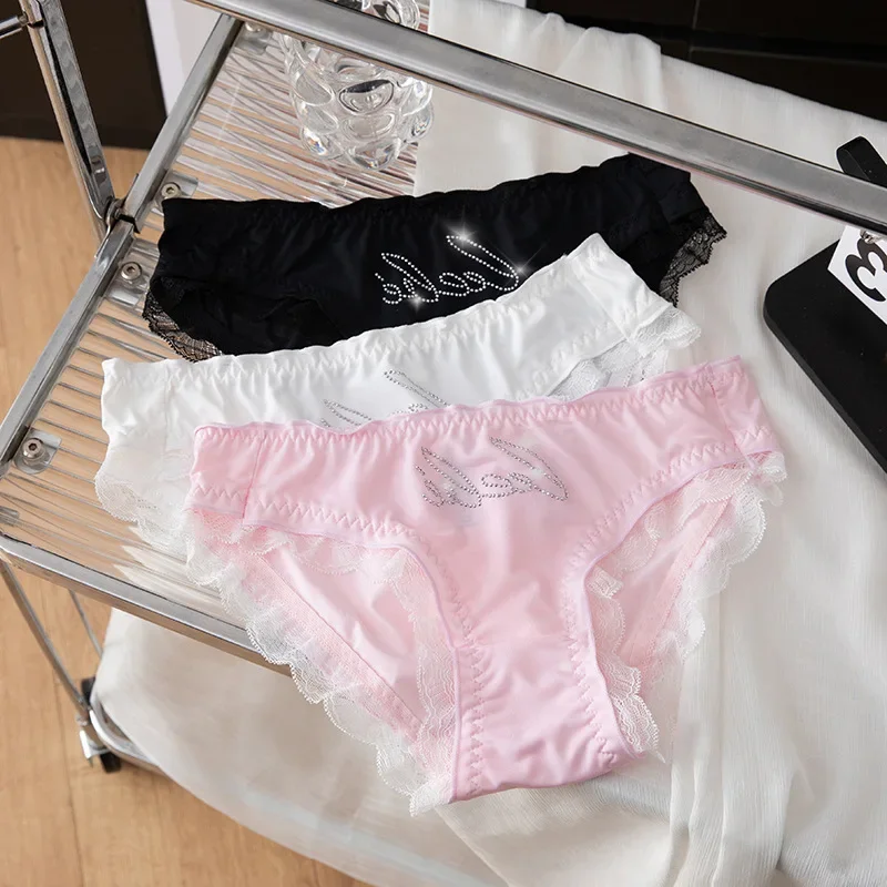 Sweet Girl Letter Rhinestone Satin Underwear for Women Soft Mid Waist Lace Sexy Seamless Panties Cotton Crotch Briefs Lingerie
