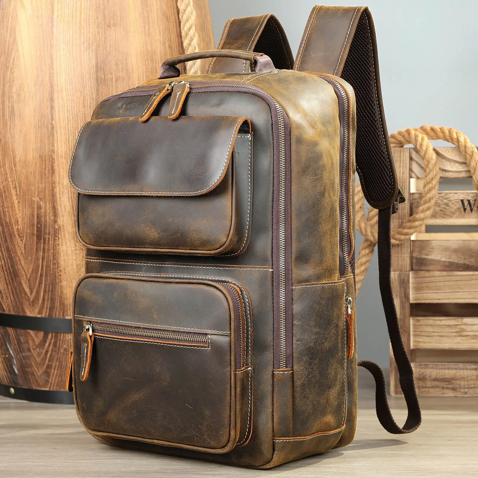 

Кожаный рюкзак Crazy Horse из многослойной воловьей кожи, рюкзак для компьютера, кемпинг, отдых, пеший туризм, дорожный рюкзак