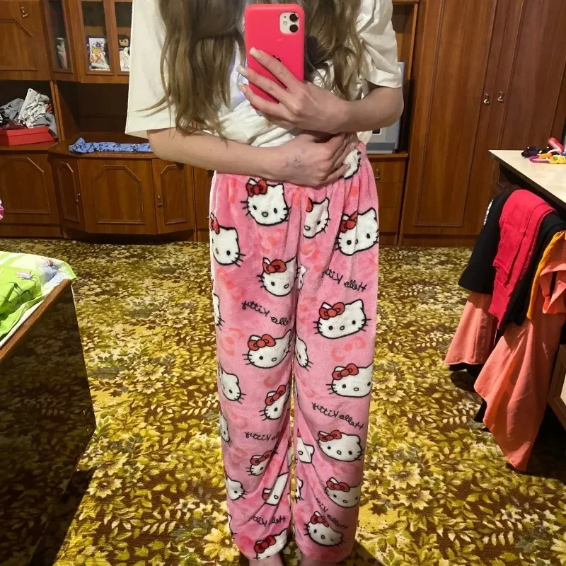 

Kawaii Sanrio Hello Kitty Flannel Pajamas Anime Pants Multi-Color Warm Women's Casual Home Fashion Pants Girls Clothes Gifts