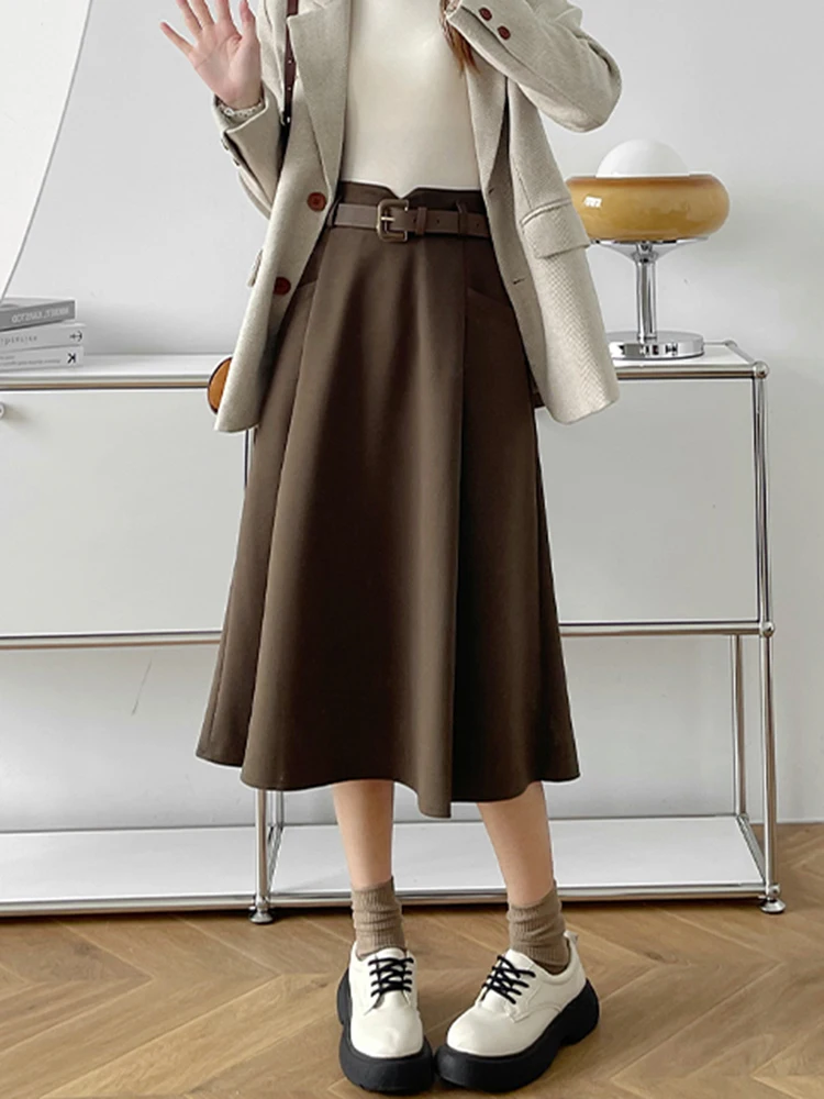 Plus Size Woolen Skirt Women 2024 Autumn Winter New Arrivals High Waist A Line Skirt With Belt Korean Fashon Skirts Womens