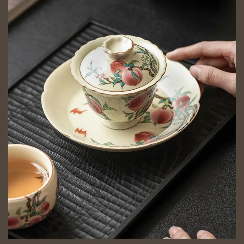 130ML Ru Kiln Pastel Nine Peach Blossom Mouth Cover Bowl Ceramic Tea Bowl Kung Fu Tea Set Pot Bearing Tea Ceremony Accessories
