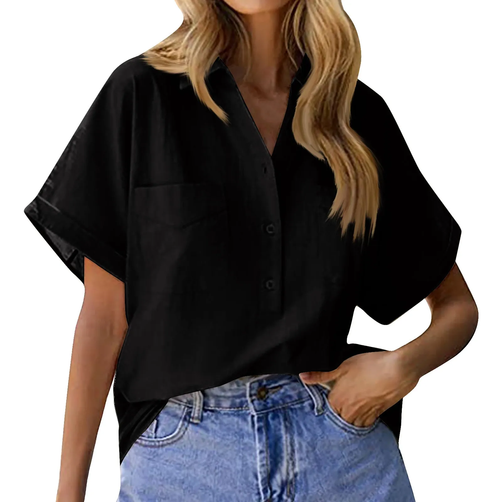 Women Casual Short Sleeve Cotton Linen Loose Shirt Elegant Solid Harajuku Lapel Blouse Vintage Oversize Tops Y2k Streetwear Tuni