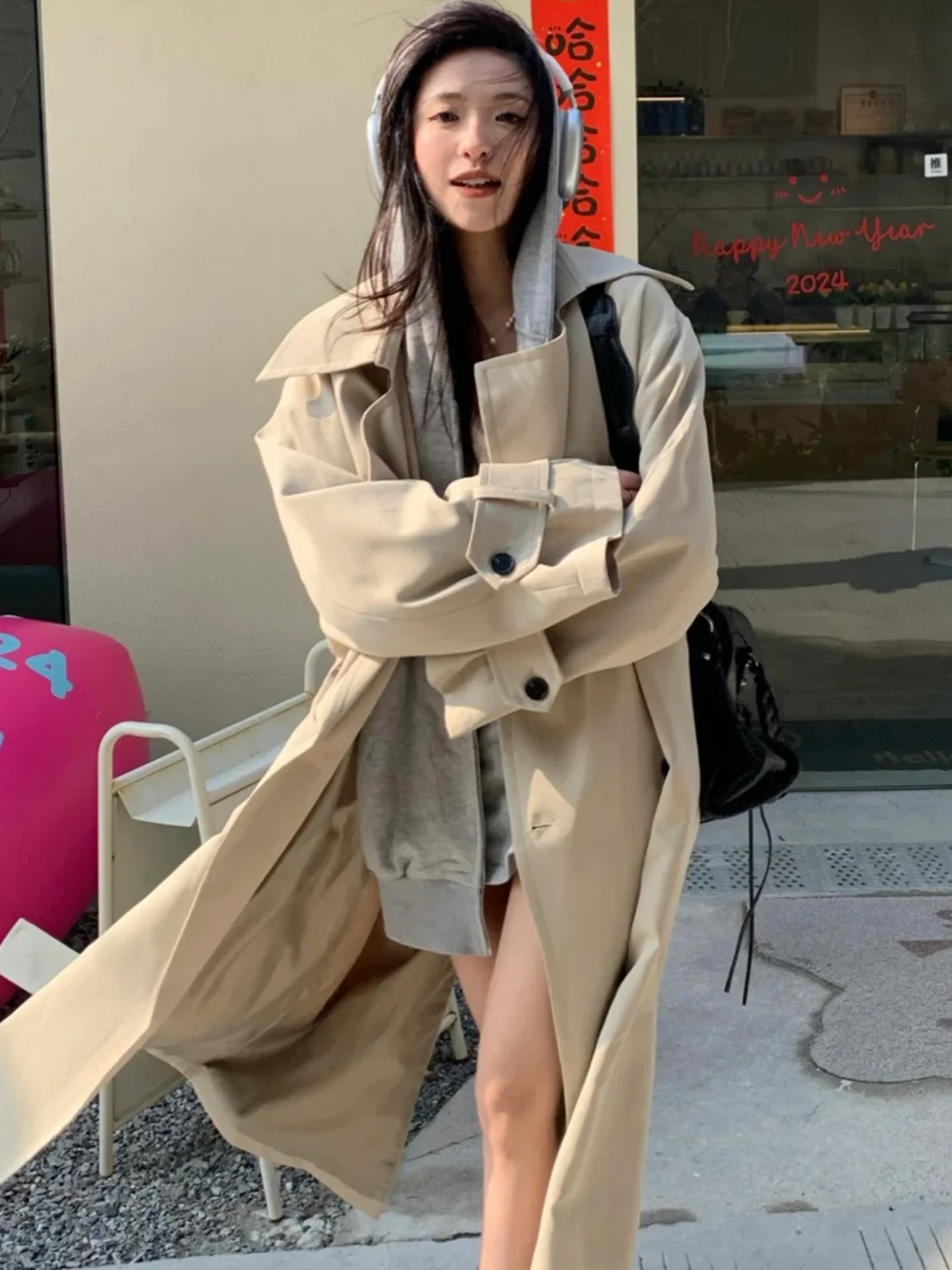 

Khaki Color Double-Row Buttoned Coat for Men And Women Medium-Length Spring Autumn Korean Sle Over-Knee Draped Coat