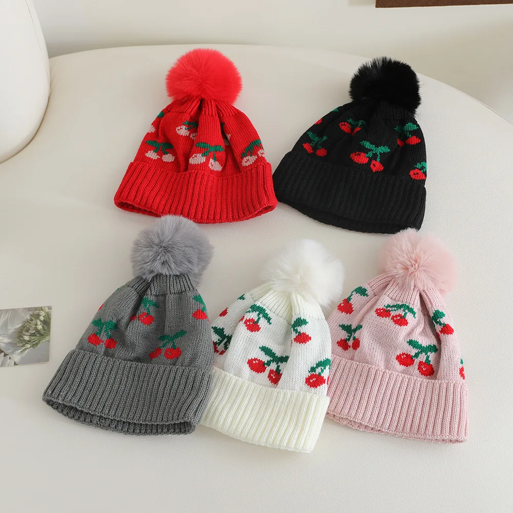 Winter Hüte Für Kind Jungen Und Mädchen Kinder Nette Kirsche Gestrickte Hut Mit Pompom Warme kinder Beanie Casual Neue