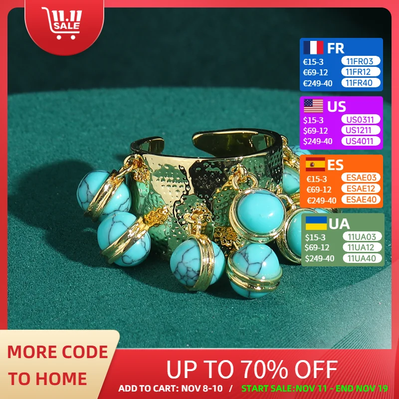 

Antique Jewelry Vintage Rings Colorful Ball Pendant Blue Red Yellow Natual Stone for Woman Gold Color Crystal Accessories Open