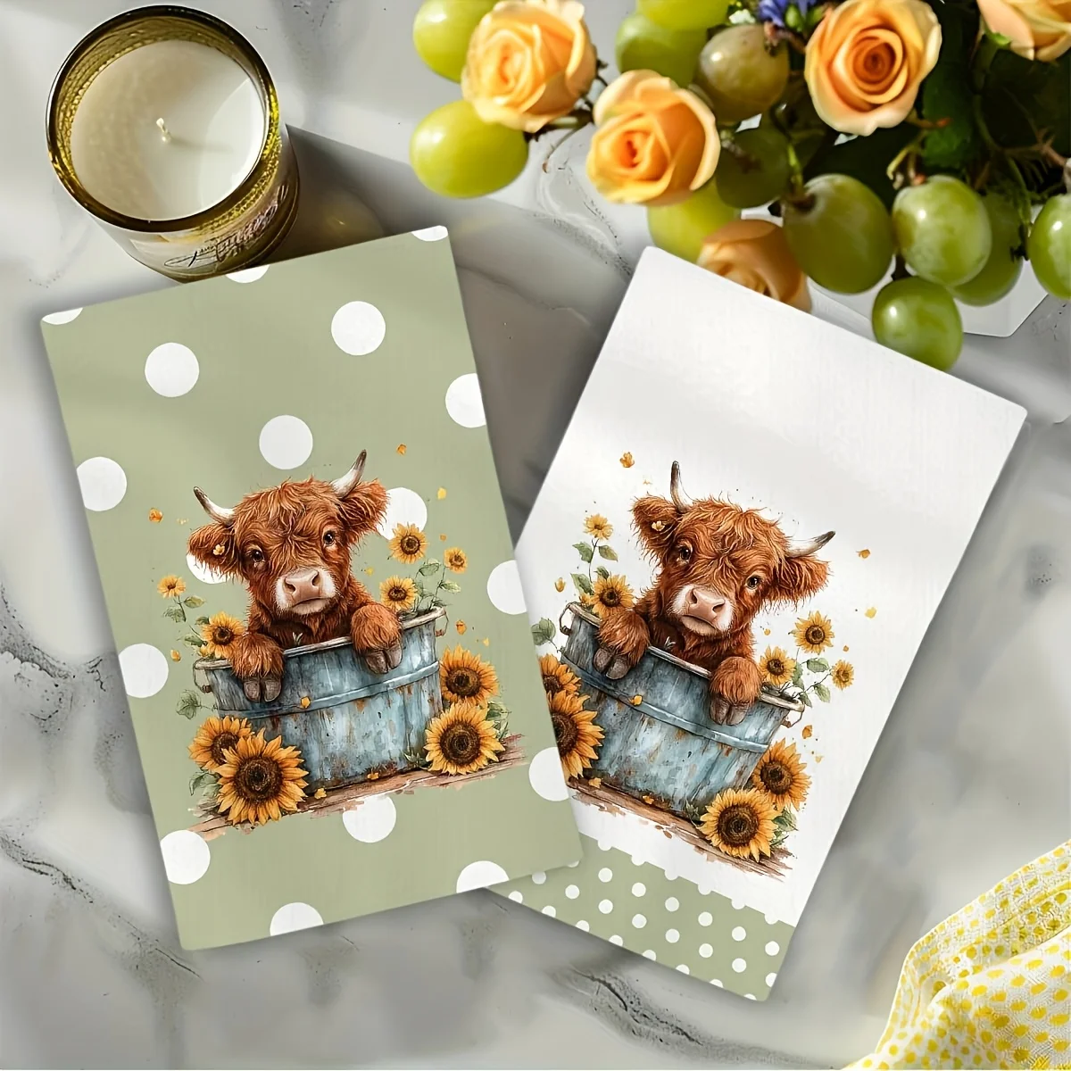 Cleaning Cloth 2PCS kitchen towel, sunflower highland cow print kitchen towel, farmhouse style decorations