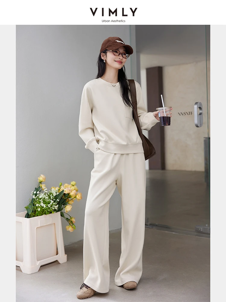 VIMLY 2 Piece Sweat Pant Set Woman 2026 Casual Outfit Spring Autumn Loose Sweatshirt Wide Leg Pants Female Clothing Sets A0670