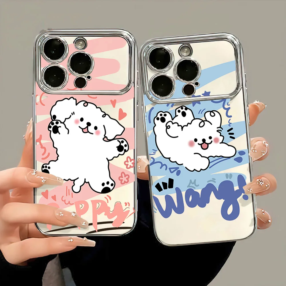 Cute Cartoon Line Dog Maltese Electroplated Large Window Phone Case For iPhone 12 11 13 14 15 16 Max Pro Plus Shell