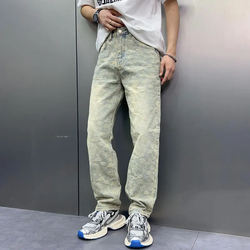 Street Fashion Men Jeans Retro Washed Blue Loose Fit Ripped Jeans Men Straight Trousers Jacquard Designer Hip Hop Denim Pants