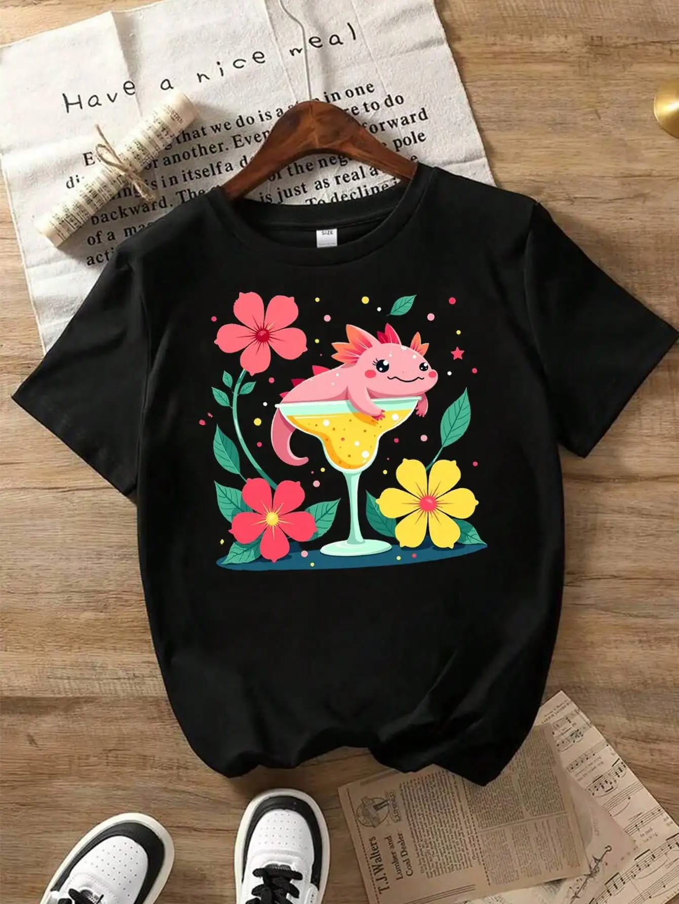 

Cute Mexican Axolotl Axolotl & Floral Pattern Cotton T-Shirt, Black Tee With Axolotl And Flower Elements