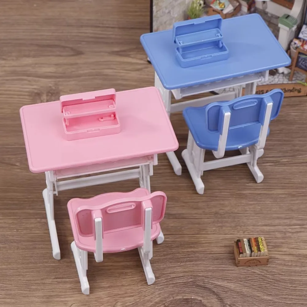 1set Chairs Furniture Model Simulated Dollhouse Desks Writing Study Model Miniature Toy Miniature School Desks Stationery Model