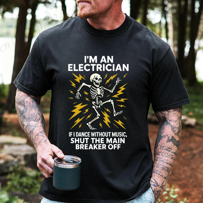 Funny Electrician Print Men Tee Shirt Dancing Skeleton Electrician Graphic Top,oversize Tshirt,Daily Casual Streetwear Gifts