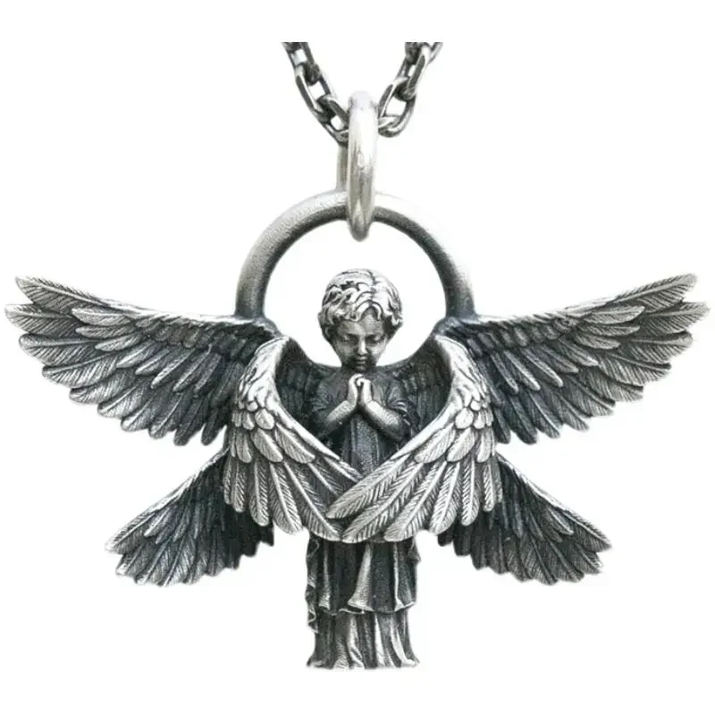 Vintage Angel Pendant Necklace Handmade Seraphim Prayer Pendant Long Chain Necklace Men Women Jewelry Anniversary Gift Wholesale