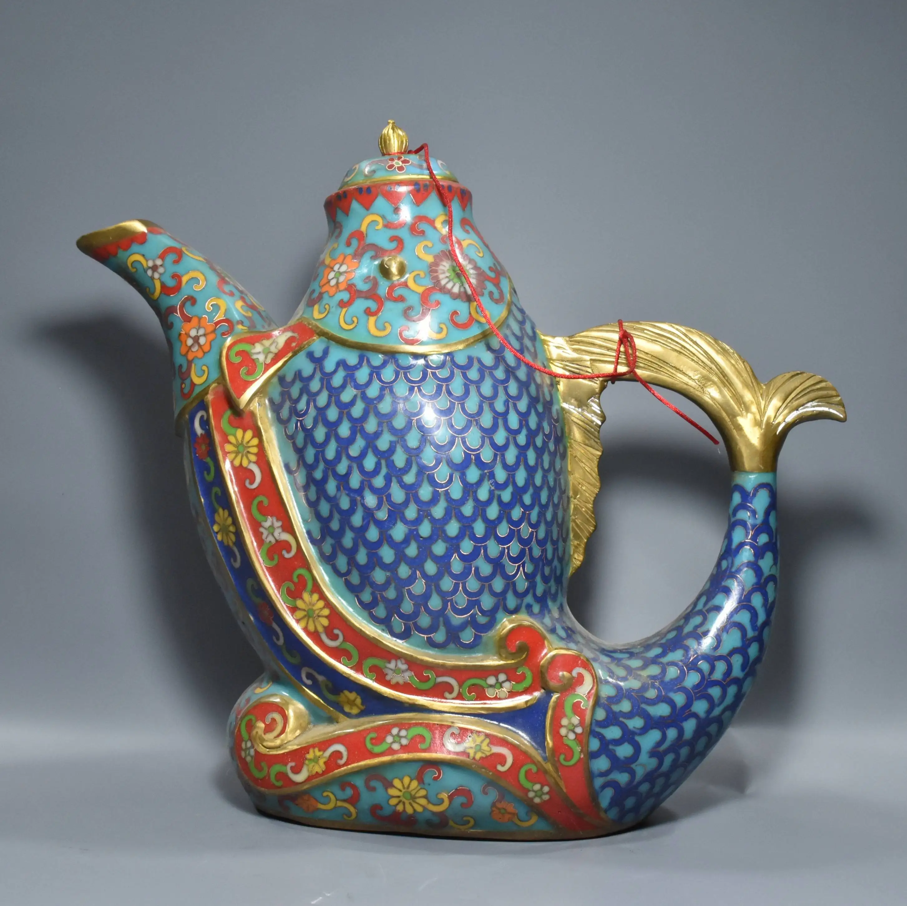 

15"Tibetan Temple Collection Old Bronze Cloisonne Floral Pattern Fish shaped wine Pot Bottle Kettle Town house