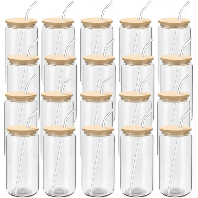 

20 Pack Glass Cups with Bamboo Lids and Glass Straw 16oz Beer Can Shaped Drinking Glasses Cups, Glass Tumbler Reusable Cute Cups