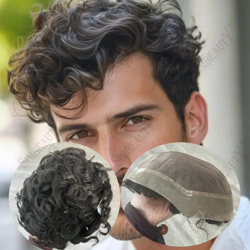 

28mm/26mm/24mm Curly Breathable Men Toupee Mono Lace&Pu Base Invisible Hairline Human Hair Male Replacement System Prosthesis