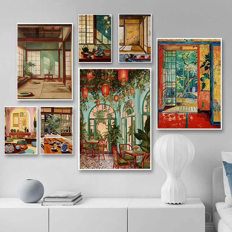 Retro Zen Traditional Japanese Tea House Poster Asian Food Office Modern Prints Canvas Wall Art Pictures Home Living Room Decor