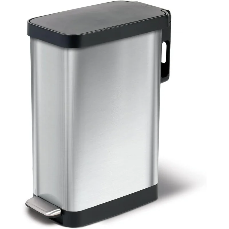 

Stainless Steel Narrow Kitchen Trash Can - Clorox Odor Protection, Soft Close Lid, Step Pedal & Waste Bag Holder