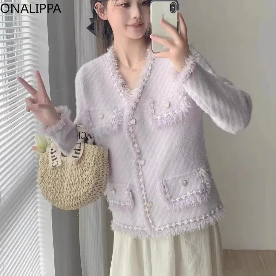 Onalippa Small Fragrance Tassel Knitted Cardigan Heart Shape Buttons Sweet Loose Cardigans Chic Design Long Sleeves Sweater