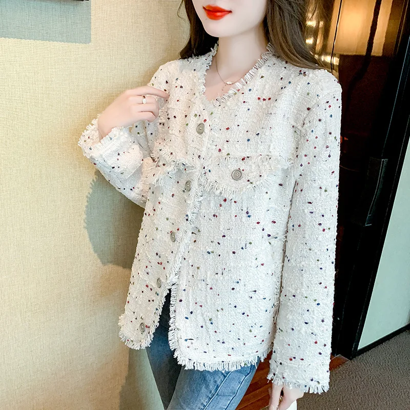 White colored polka dot women's long sleeved tweed jacket 2025 new autumn/winter small fragrance style top