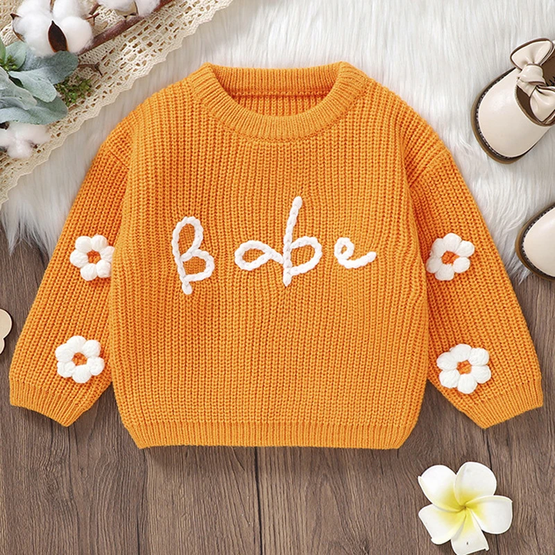 IYEAL  Autumn Winter New Baby Girls Handmade Embroidered Knitted Round Neck Top Girl Lovely Casual Knitted Sweater