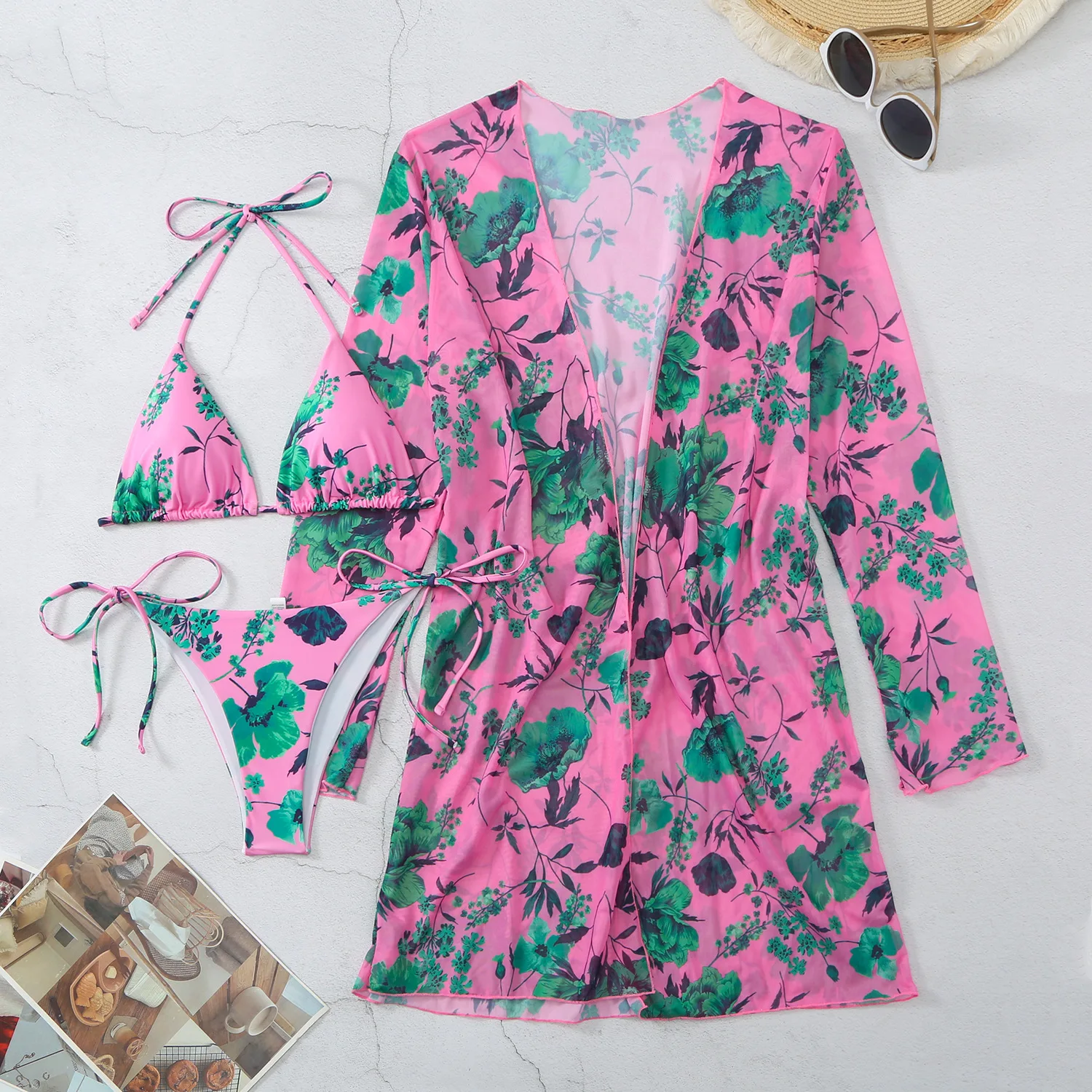 Women Bathing Suit 3 Piece Swimsuit with Kimono String Bikini Sets Long Sleeve Beach Cover Up Swimwear Print Pool Swimming Suit