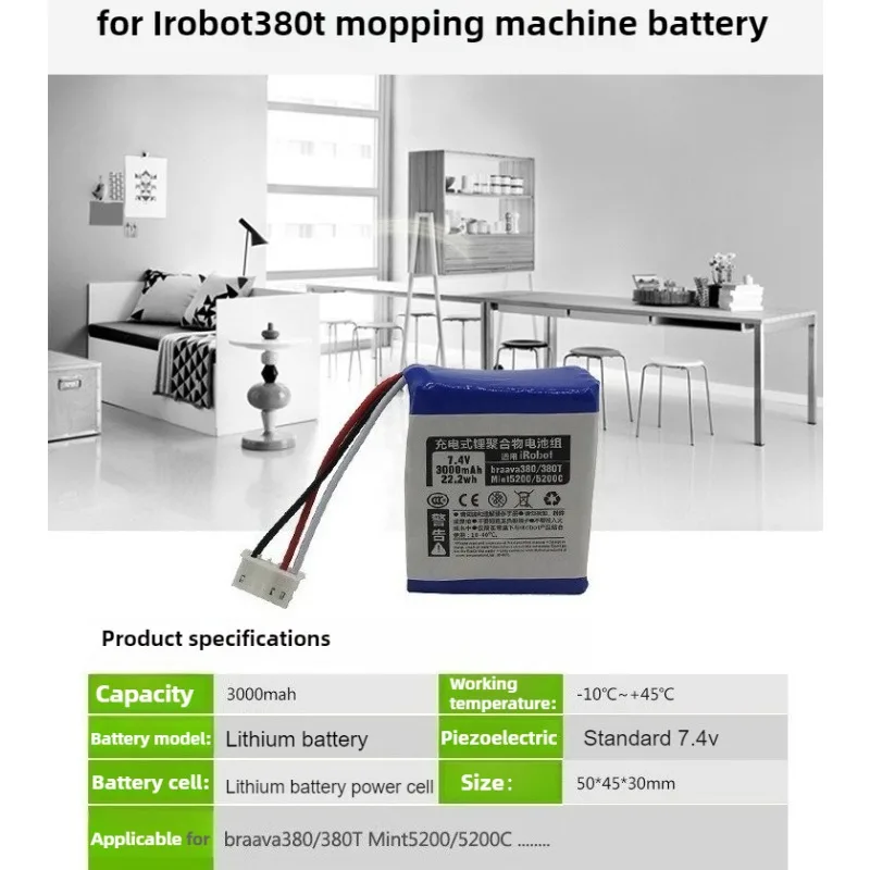 7.4V 3000mAh Battery Rechargeable Battery for IRobot  Braava 380T 380 381 Mint 5200 5200C Accessories Replacement Bateria