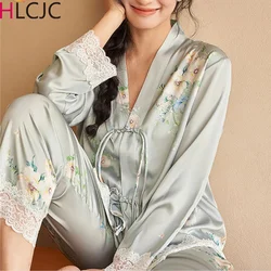 Chinese National Style Two Pieces Ice Silk Pajamas for Women Spring Autumn Fashionable Green Long Sleeved Pants Home Clothing