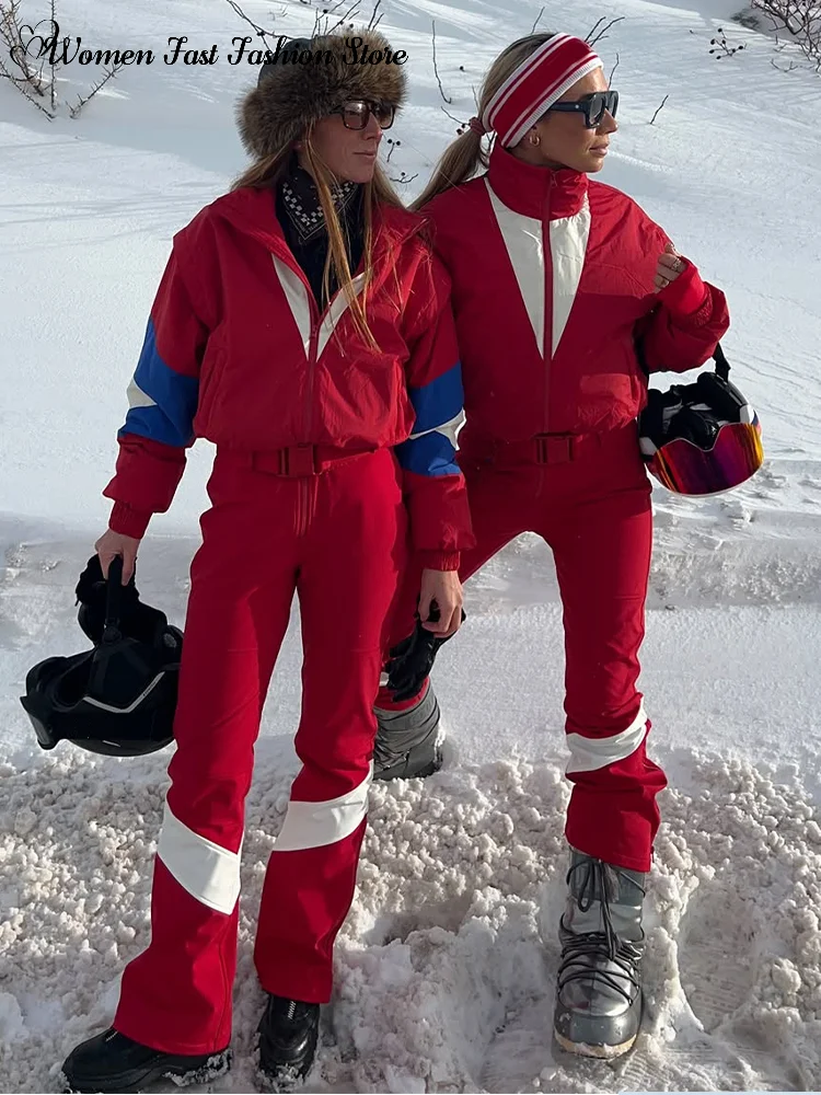 Windproof Contrast Color Zipper Ski Jumpsuits Women's Warm Stand Collar Pockets Skiing Suit 2026 Winter Ladies Snowboard Skiwear