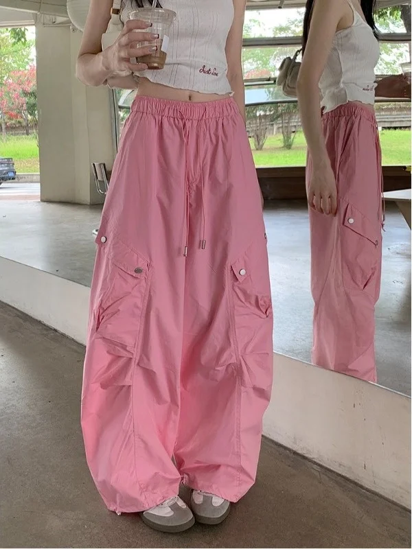 High Waist Wide Leg Pants Women's Black Drawstring Multi Pocket Loose Design Commuter Workwear Trousers Fashionable