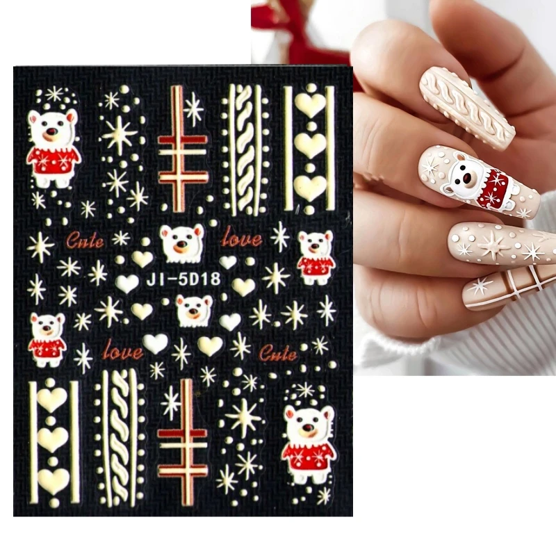 

5D Embossed Cute Bears/Snow Nails Stickers Winter White Snowflakes Gloves Christmas Decoration Design Manicure Decal on New Year