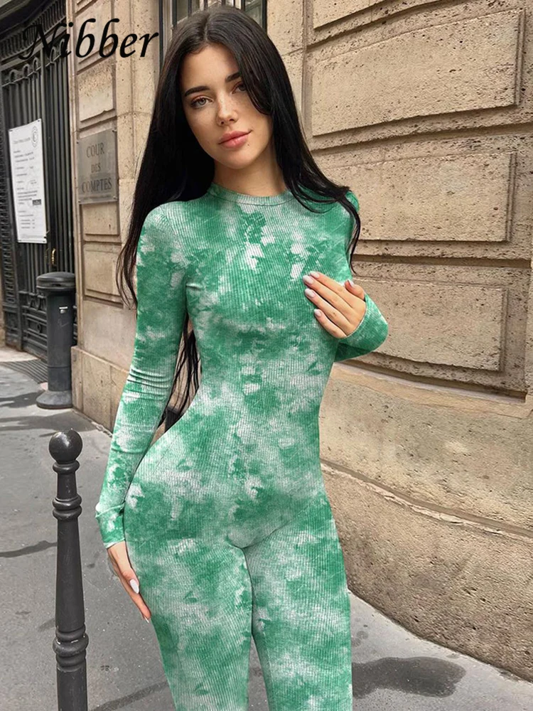 Kombinezon damski Nibber z prążkowanym wzorem tie-dye, jesienny, z jaskrawym nadrukiem, sportowy, z okrągłym dekoltem, długim rękawem, modny, na co dzień, obcisły, casualowy, trendy, streetwear