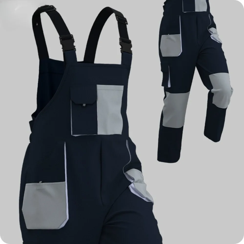 Color Block Cargo Overalls - Suspender Work Pants with Multiple Pockets, Factory Workwear & Labor Protection Uniforms