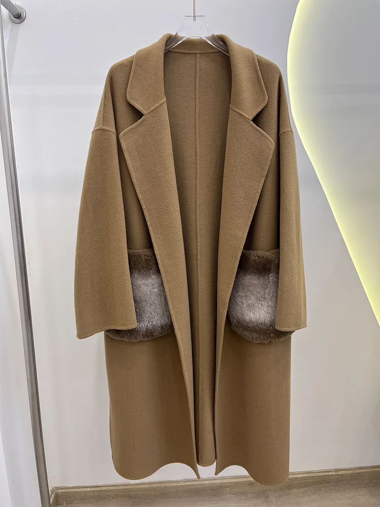 2025 New Winter Cashmere Wool Jacket Woolen Real Natural Fox Fur Pocket Coat Ladies Outwear Female Coat Women Luxury Jacket