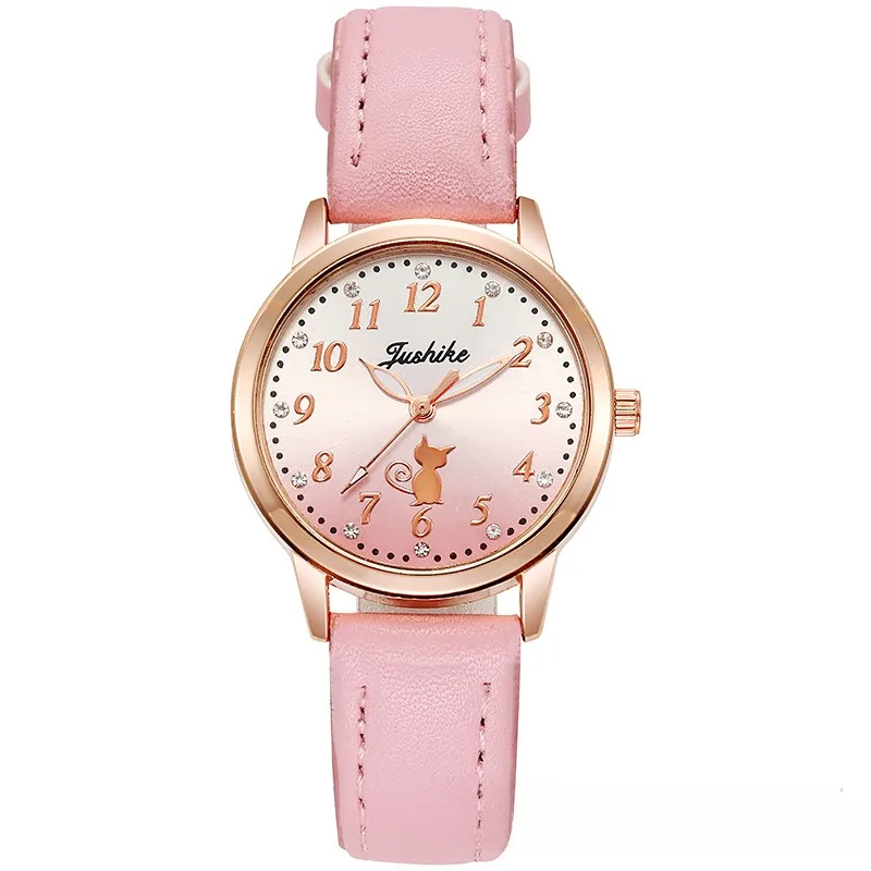 Casual Children Cute Cat Watch Simple Rhinestone Girls Wristwatch Gradient Color Leather Quartz Kids Clock Gift Children Watches