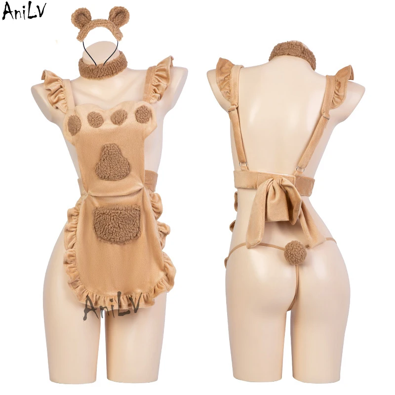 AniLV Japanese Anime Girl Cute Bear Paw Apron Plush Maid Dress Uniform Cosplay Outfit Costume