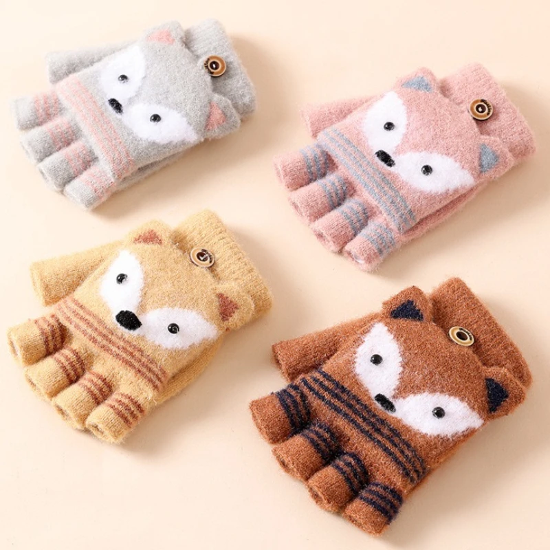 Cartoon-Tier-Handschuhe für Kinder, Flip-Design, Halbfinger-Handschuhe, Fünf-Finger-Winter-Wärmehandschuhe, gestrickt, für 7-9-jährige Jungen und Mädchen, Geschenkidee – Detail 1