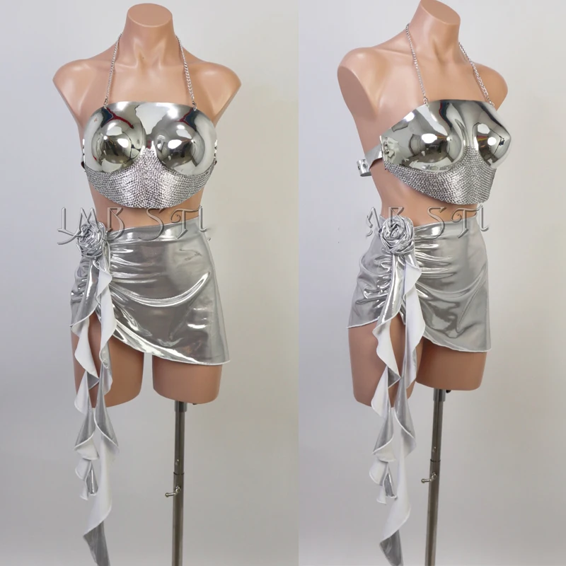 

Sexy Party Jazz Dancer Costumes Women Silver Gogo Wear Pole Dance Clothing Bar DJ DS Rave Outfit Stage Show Clubwear XS9139