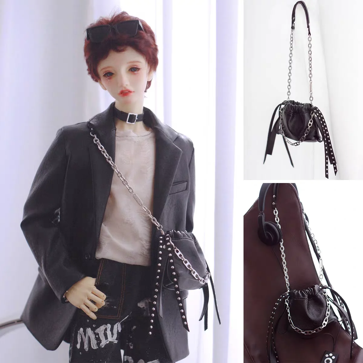 BJD doll clothing accessories shoulder bag 3 points 68 Pu Shu metal chain leather bag BJD in stock daily photography